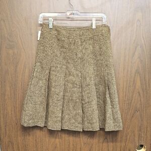 DStudio Size 2 Tan and Brown Tweed Style Midi Length Pleated Wool Blend Skirt